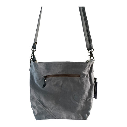 Gray shoulder bag with leather accents on a white background