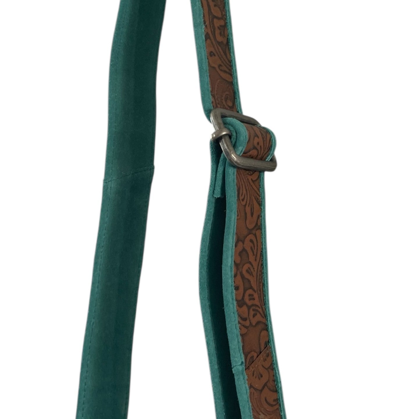 Teal leather strap with brown embossed pattern on a white background