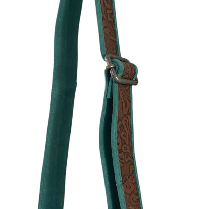 Teal leather strap with brown embossed pattern on a white background