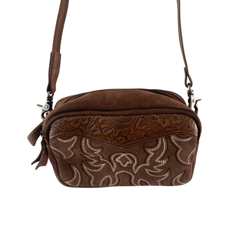 Brown patterned crossbody bag on a white background