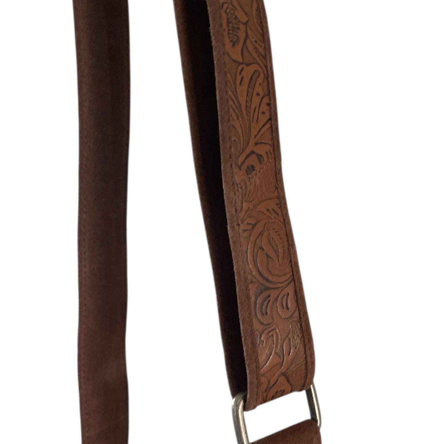 Brown leather strap with intricate embossed design on a white background
