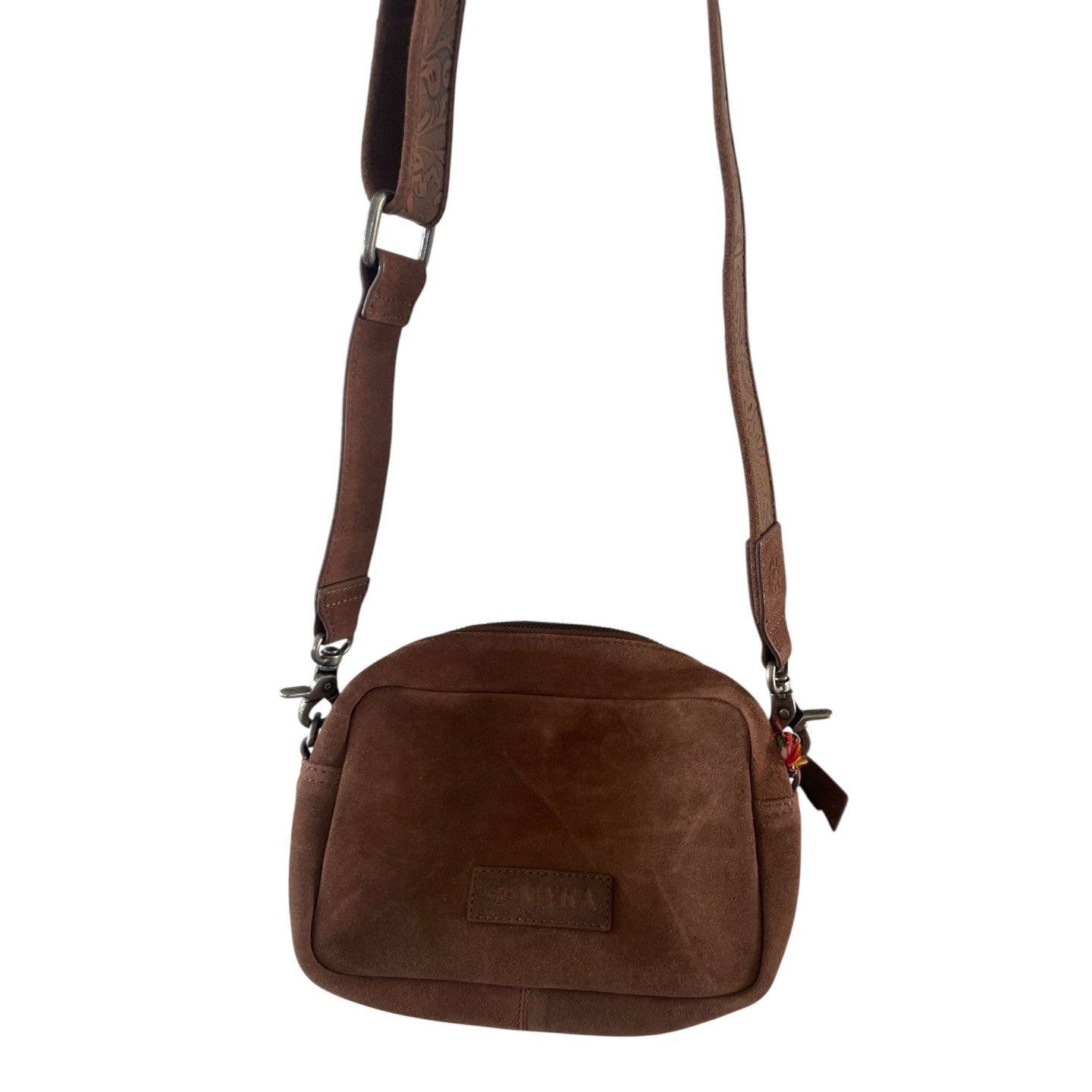 Brown leather crossbody bag on a white background