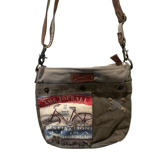 Brown crossbody bag with a graphic design on a white background