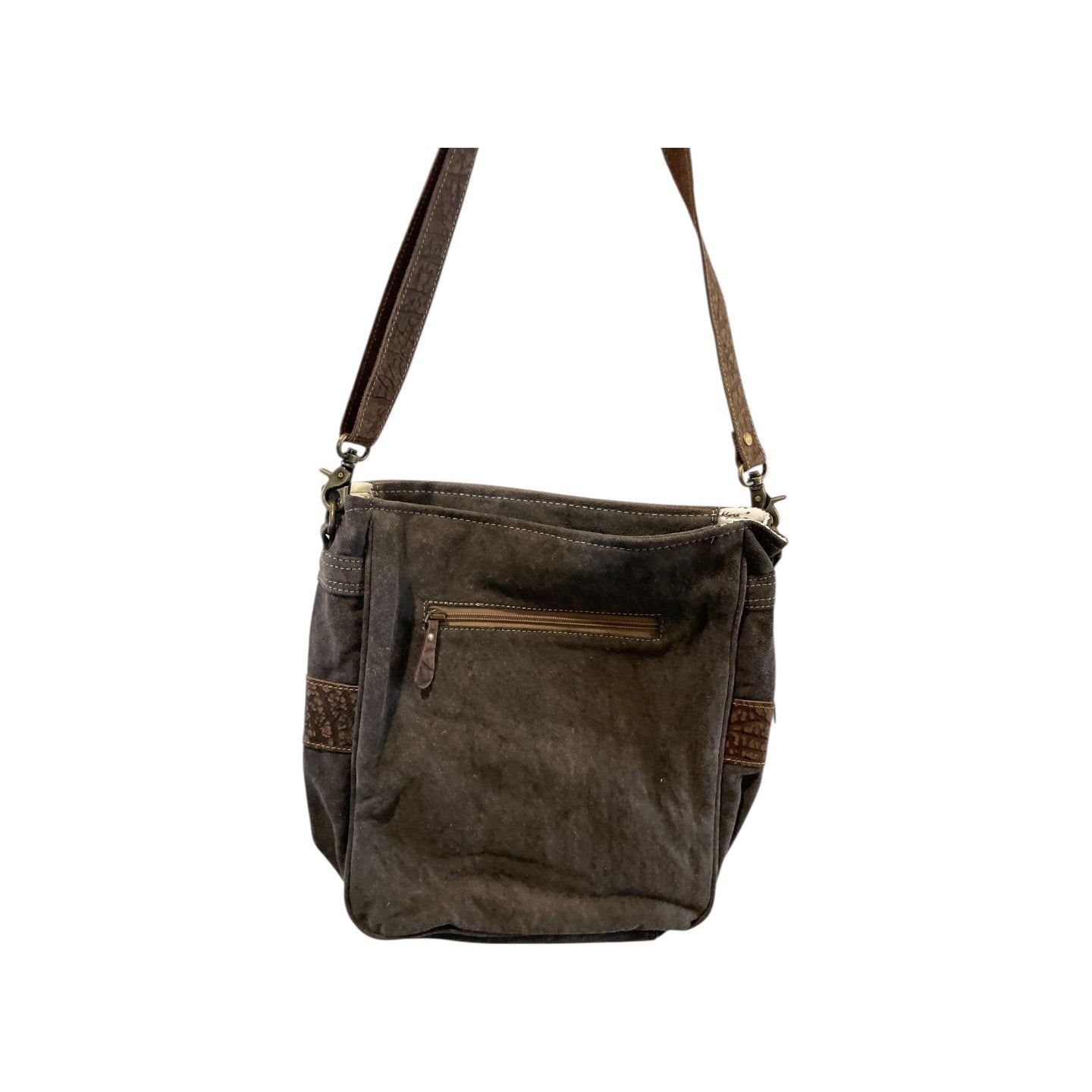 Grey canvas purse back with zipper
