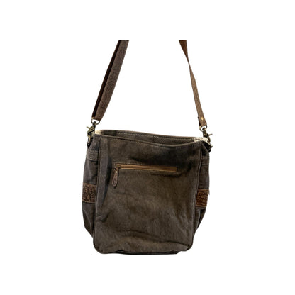 Grey canvas purse back with zipper
