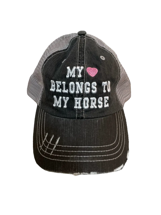 Black and gray cap with 'My Heart Belongs to My Horse' text on a white background