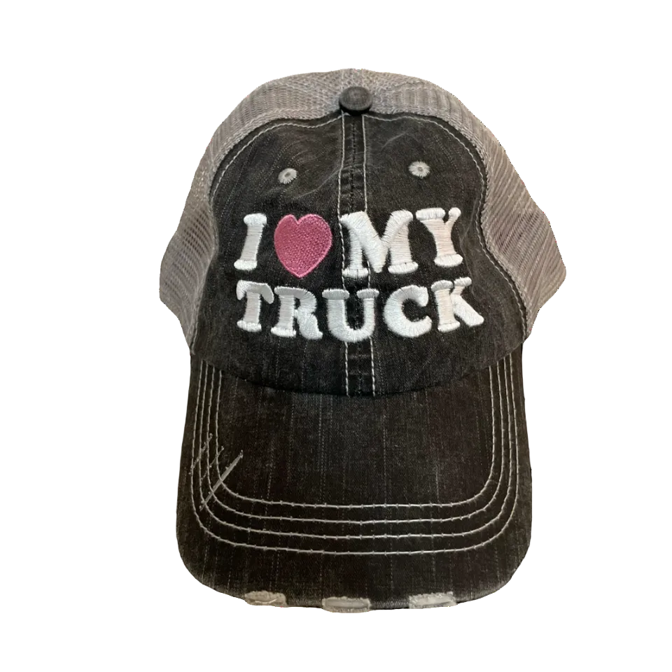 Black and gray cap with 'I ❤️ MY TRUCK' text on a white background