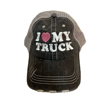 Black and gray cap with 'I ❤️ MY TRUCK' text on a white background