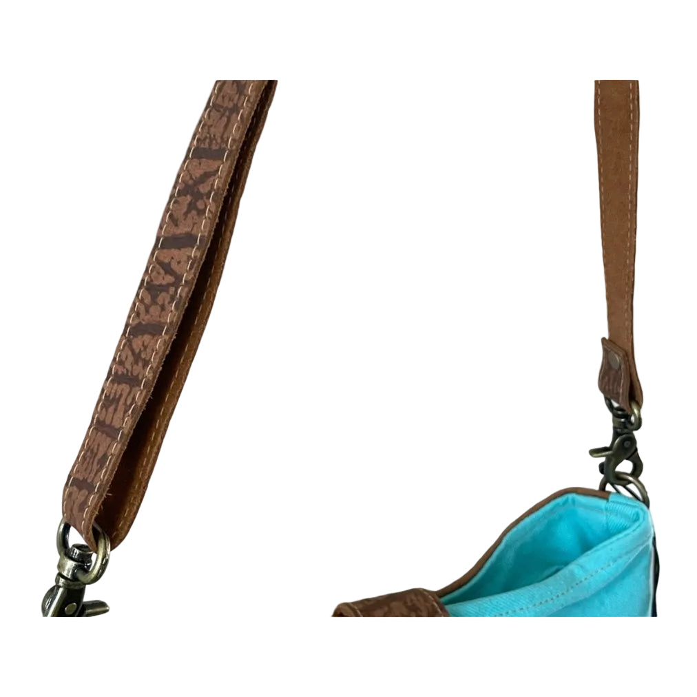 Blue bag with a brown strap on a white background